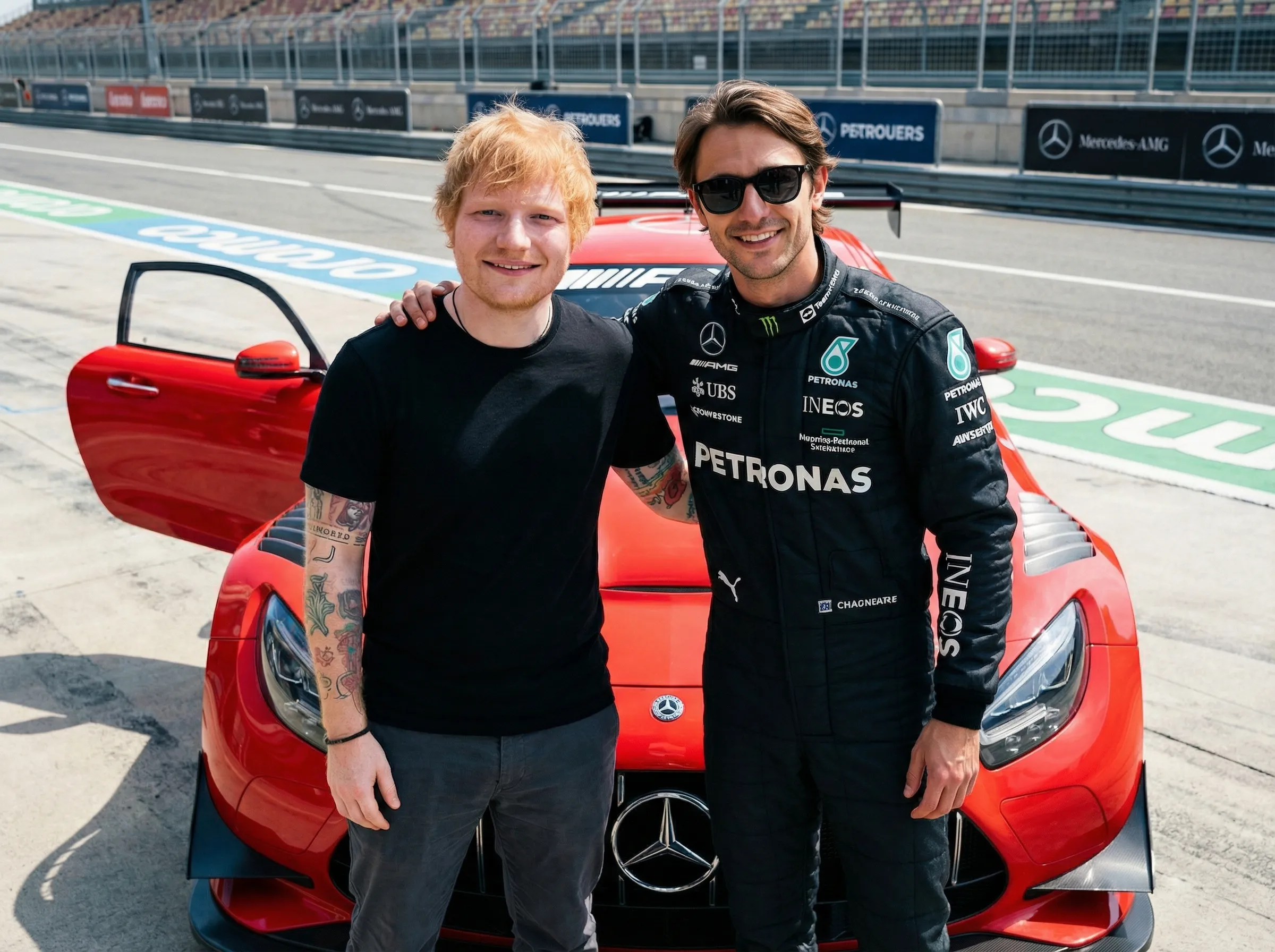 Singer Ed Sheeran obviously happy to still be in one piece after his hot lap experience with Alexander